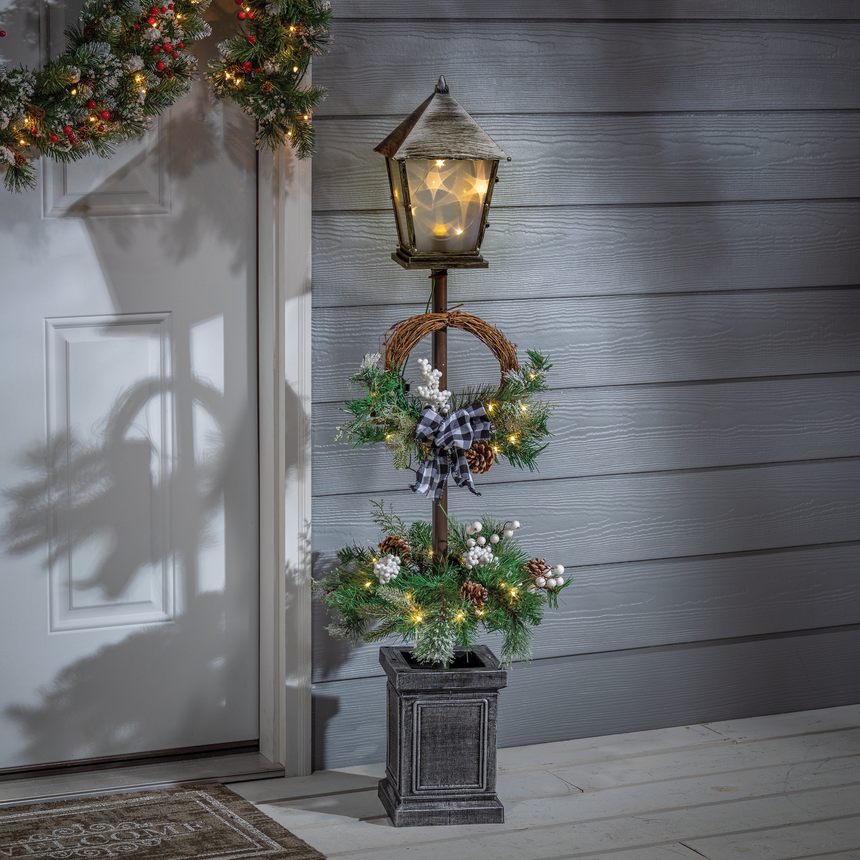 Hand detailed 4'H Battery Operated Lighted Mixed Pine Lantern Pole Porch Tree with 40 – Holiday Accent Lantern